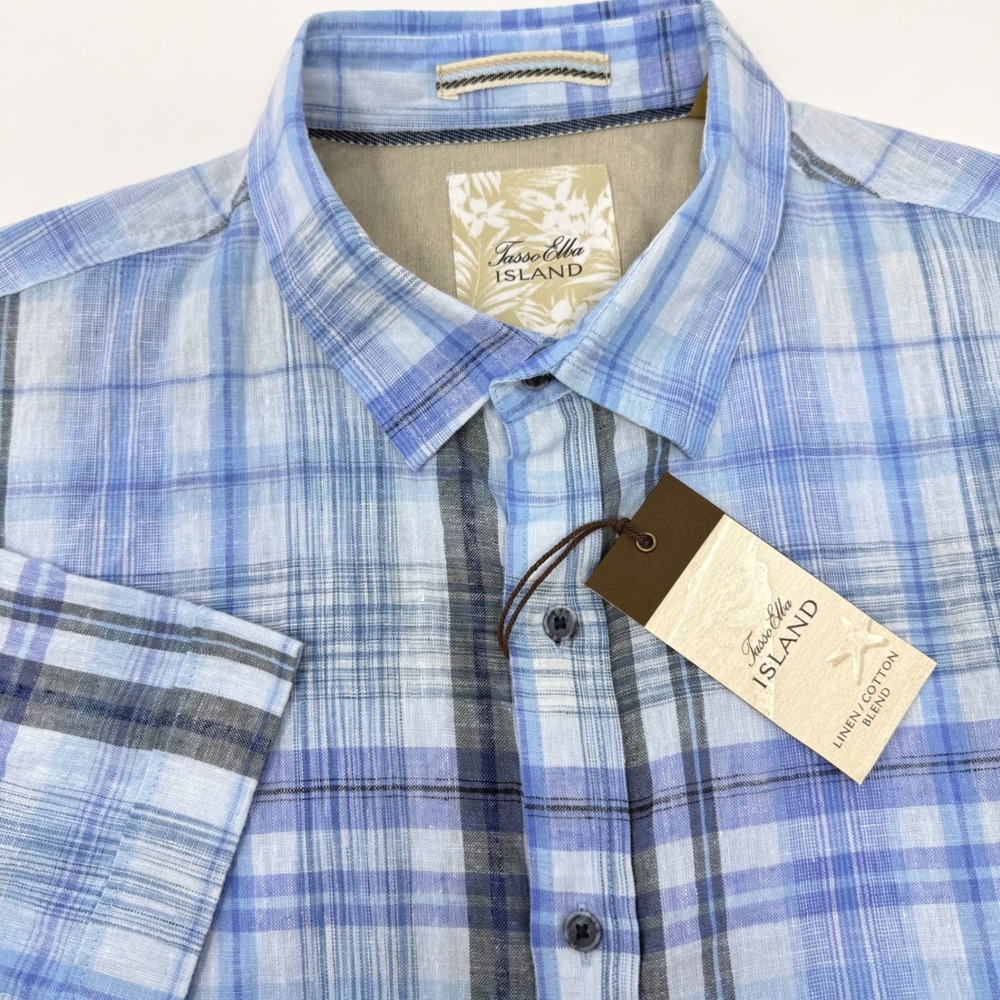 Tasso Elba Island Mens XL Linen Cotton Plaid Short Sleeve Button Down Shirt‎ NEW
